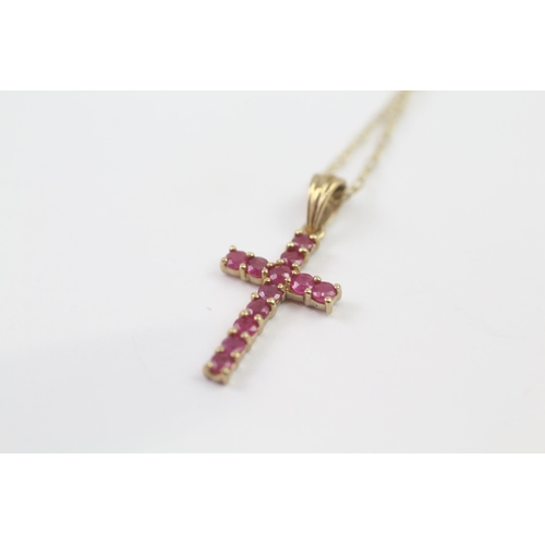 132 - 9ct Gold Ruby Cross Pendant Necklace (1.5g)