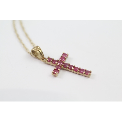 132 - 9ct Gold Ruby Cross Pendant Necklace (1.5g)