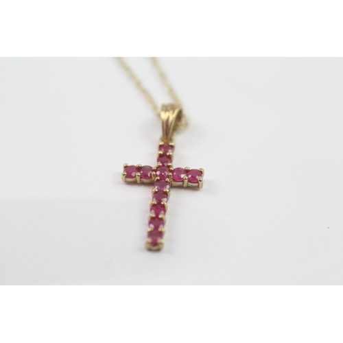 132 - 9ct Gold Ruby Cross Pendant Necklace (1.5g)