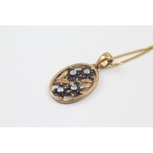 134 - 9ct Gold Sapphire & Diamond Floral Cluster Pendant Necklace (3.4g)