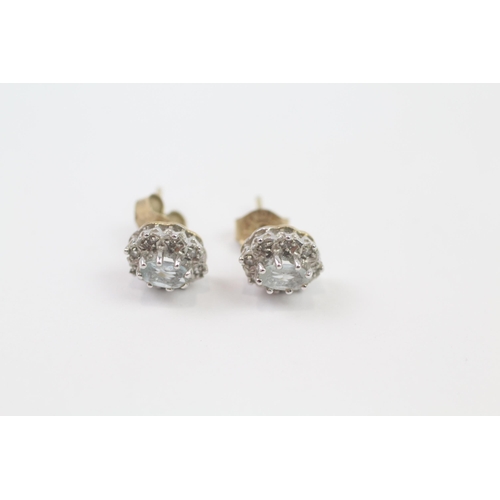 135 - 9ct Bi-Colour Gold Aquamarine & Diamond Floral Cluster Stud Paired Earrings (1.6g)