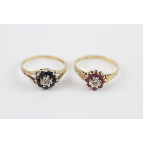 137 - 2 X 9ct Gold Vintage Floral Cluster Rings Inc. Ruby, Sapphire & Diamond (3.1g) Size  L+L