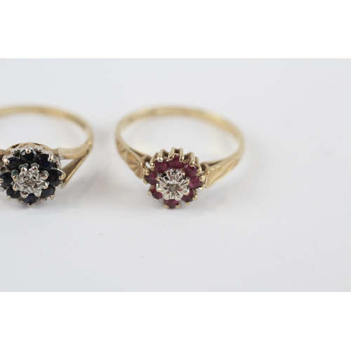 137 - 2 X 9ct Gold Vintage Floral Cluster Rings Inc. Ruby, Sapphire & Diamond (3.1g) Size  L+L