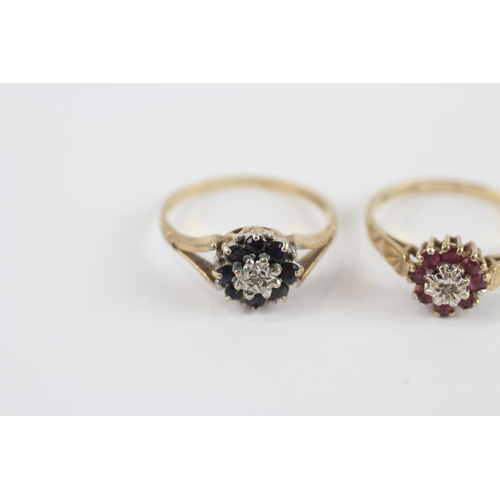 137 - 2 X 9ct Gold Vintage Floral Cluster Rings Inc. Ruby, Sapphire & Diamond (3.1g) Size  L+L