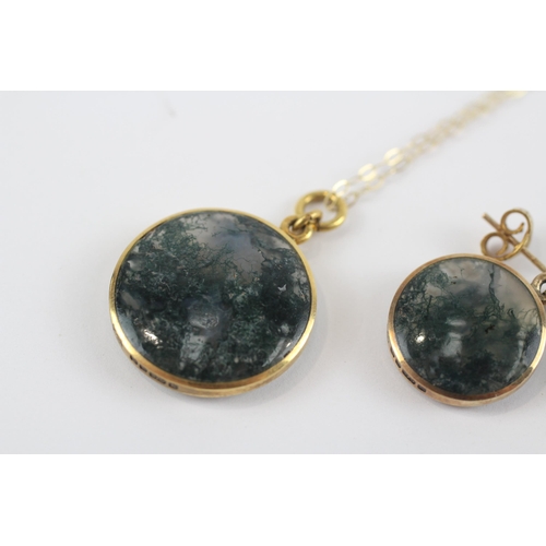 139 - 9ct Gold Vintage Moss Agate Necklace & Drop Paired Earrings Set (7.6g)