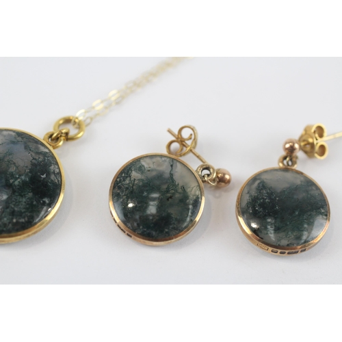 139 - 9ct Gold Vintage Moss Agate Necklace & Drop Paired Earrings Set (7.6g)