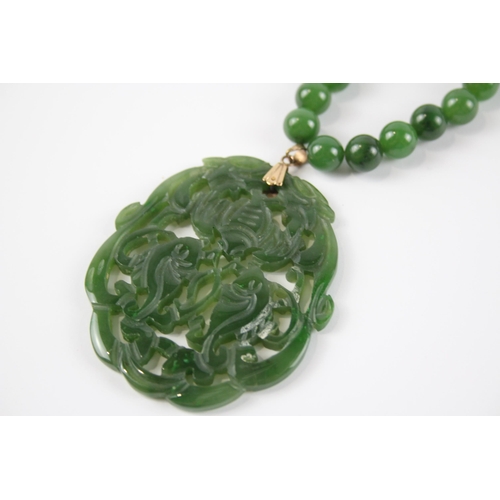 14 - 9ct Gold Clasped Vintage Jade Necklace W/ Carved Jade Pendant (84.1g)
