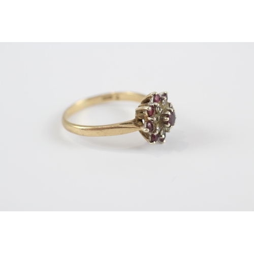 144 - 9ct Gold Vintage Diamond & Ruby Floral Cluster Ring (3g) Size  Q