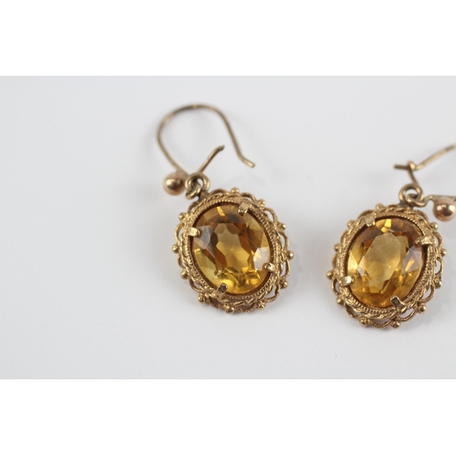 146 - 9ct Gold Vintage Citrine Drop Paired Earrings (2.8g)