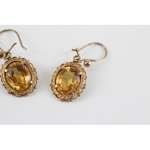 146 - 9ct Gold Vintage Citrine Drop Paired Earrings (2.8g)