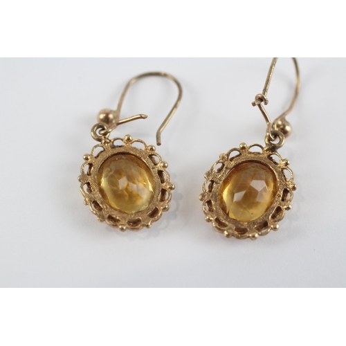 146 - 9ct Gold Vintage Citrine Drop Paired Earrings (2.8g)