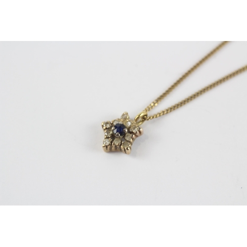 15 - 9ct Gold Vintage Sapphire & Diamond Floral Cluster Pendant Necklace (2.3g)