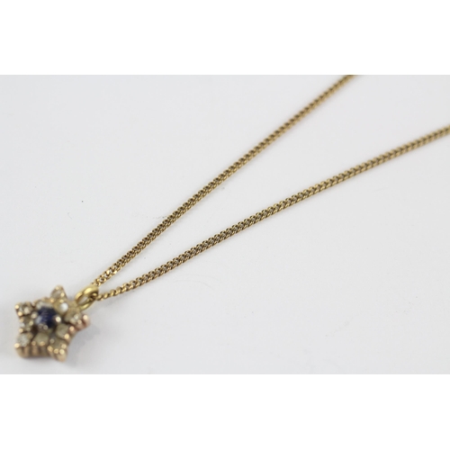 15 - 9ct Gold Vintage Sapphire & Diamond Floral Cluster Pendant Necklace (2.3g)