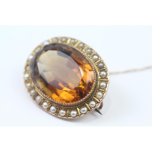 156 - 9ct Gold Antique Citrine & Seed Pearl Statement Brooch (14.4g)