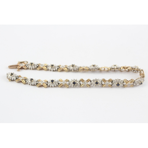 181 - 9ct Gold Diamond & Sapphire Cluster Fancy Link Bracelet (7.6g)