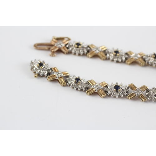 181 - 9ct Gold Diamond & Sapphire Cluster Fancy Link Bracelet (7.6g)