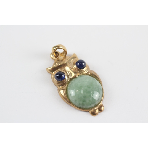 186 - 9ct Gold Owl Pendant With Jade Belly & Sapphire Eyes (6.2g)