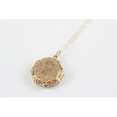 188 - 9ct Gold Antique Locket Pendant Necklace With Engraved Foliate Detail (4g)