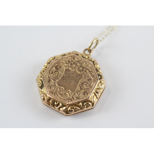 188 - 9ct Gold Antique Locket Pendant Necklace With Engraved Foliate Detail (4g)