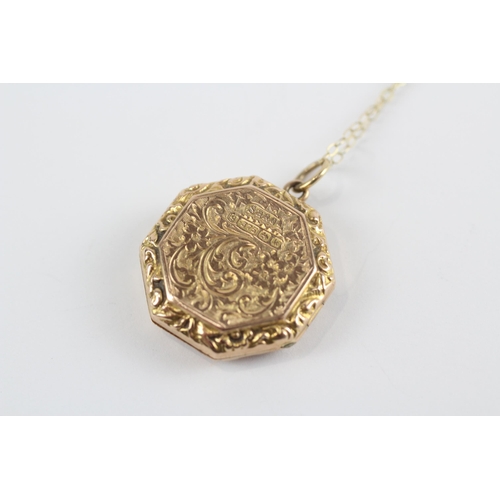 188 - 9ct Gold Antique Locket Pendant Necklace With Engraved Foliate Detail (4g)