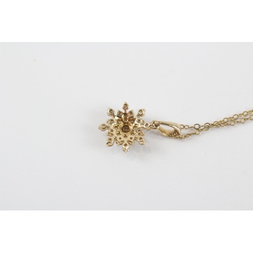 197 - 9ct Gold Diamond Floral Cluster Pendant Necklace (2g)