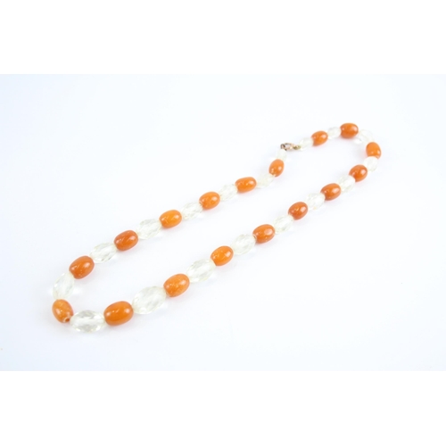 198 - 9ct Gold Clasp Antique Butterscotch Amber & Paste Single Strand Necklace (33.3g)