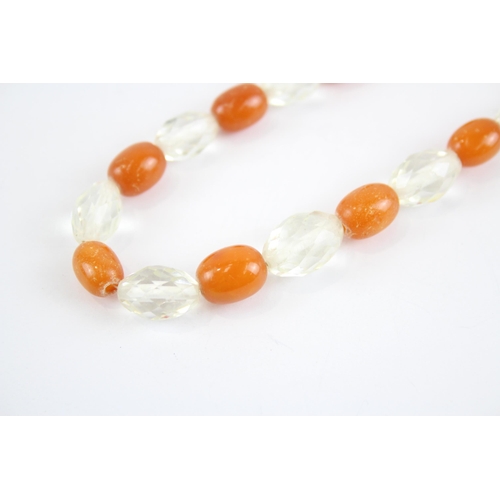 198 - 9ct Gold Clasp Antique Butterscotch Amber & Paste Single Strand Necklace (33.3g)