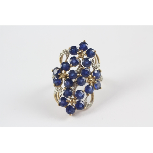 22 - 9ct Gold Vintage Sapphire & Diamond Floral Dress Ring (5.1g) Size  N