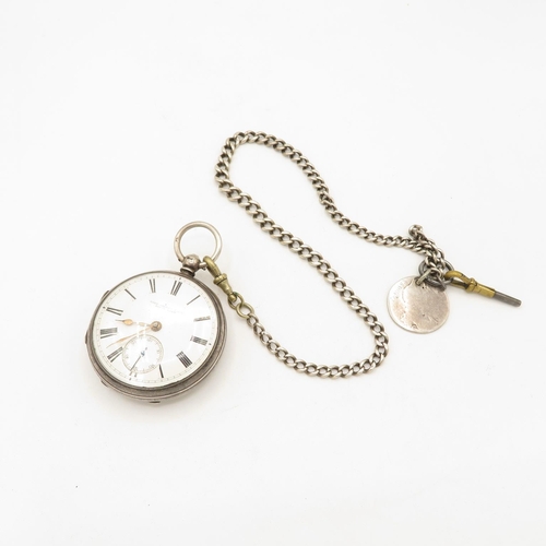 224 - Solid Silver Pocket Watch with Silver Watch Chain, Coin Fob and Key.  Watch Runs but not time tested... 