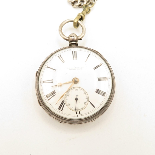 224 - Solid Silver Pocket Watch with Silver Watch Chain, Coin Fob and Key.  Watch Runs but not time tested... 