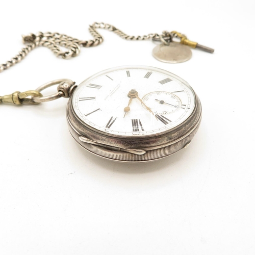 224 - Solid Silver Pocket Watch with Silver Watch Chain, Coin Fob and Key.  Watch Runs but not time tested... 