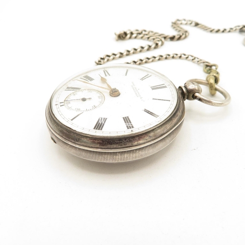 224 - Solid Silver Pocket Watch with Silver Watch Chain, Coin Fob and Key.  Watch Runs but not time tested... 