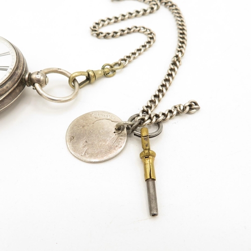 224 - Solid Silver Pocket Watch with Silver Watch Chain, Coin Fob and Key.  Watch Runs but not time tested... 