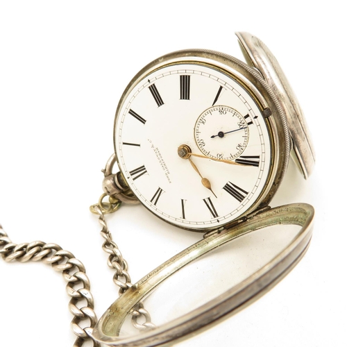 224 - Solid Silver Pocket Watch with Silver Watch Chain, Coin Fob and Key.  Watch Runs but not time tested... 