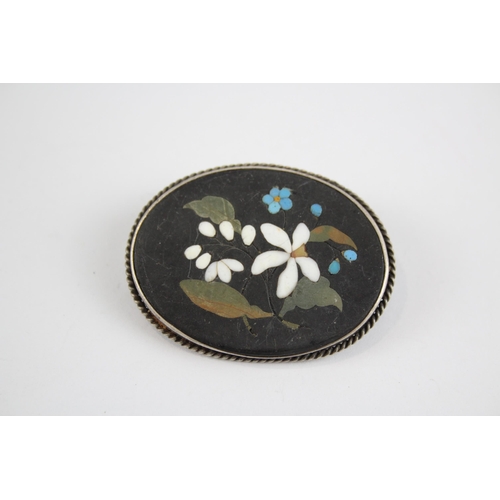 236 - Antique silver Pietra Dura gemstone inlay brooch (14g)