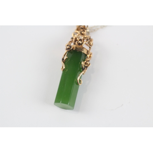 28 - 9ct Gold Vintage Floral Jade Drop Pendant (8.7g)