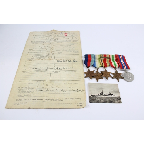 295 - WW2 Mounted Navy Medal Group & Service Sheet Inc Atlantic, Africa, Italy Stars