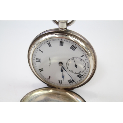 313 - J. W. BENSON STERLING SILVER Men's Half Hunter POCKET WATCH Hand-Wind WORKING