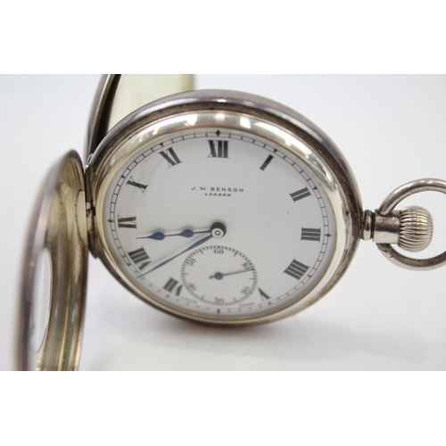 313 - J. W. BENSON STERLING SILVER Men's Half Hunter POCKET WATCH Hand-Wind WORKING