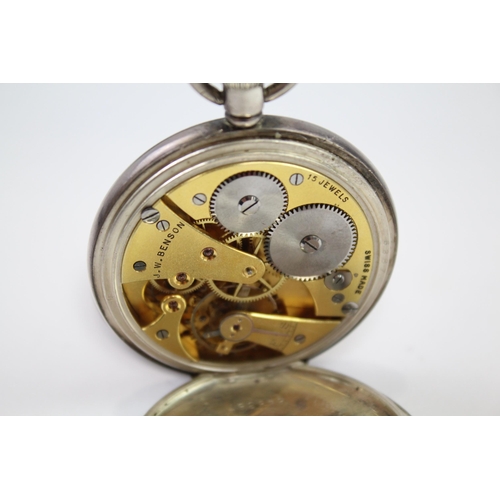 313 - J. W. BENSON STERLING SILVER Men's Half Hunter POCKET WATCH Hand-Wind WORKING