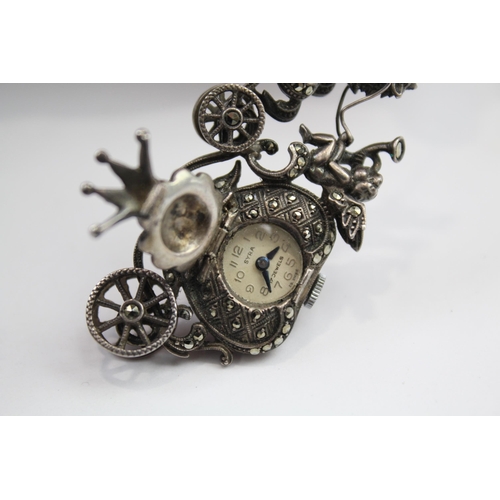 315 - STERLING SILVER Women's Vintage Carriage BROOCH WATCH Hand-Wind WORKING