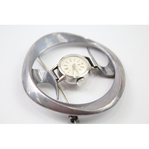 317 - STERLING SILVER Women's Vintage Brutalist BROOCH WATCH Hand-Wind WORKING C.1970s