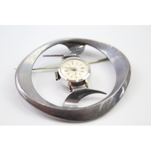 317 - STERLING SILVER Women's Vintage Brutalist BROOCH WATCH Hand-Wind WORKING C.1970s