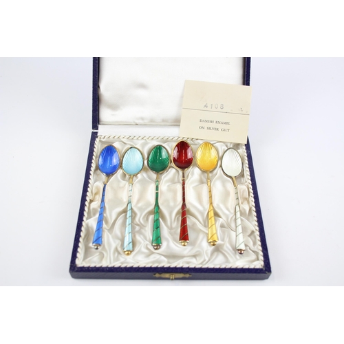 338 - 6 x Vintage .925 Denmark .925 Sterling Silver Guilloche Enamel Spoons (53g)