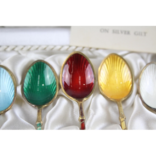 338 - 6 x Vintage .925 Denmark .925 Sterling Silver Guilloche Enamel Spoons (53g)