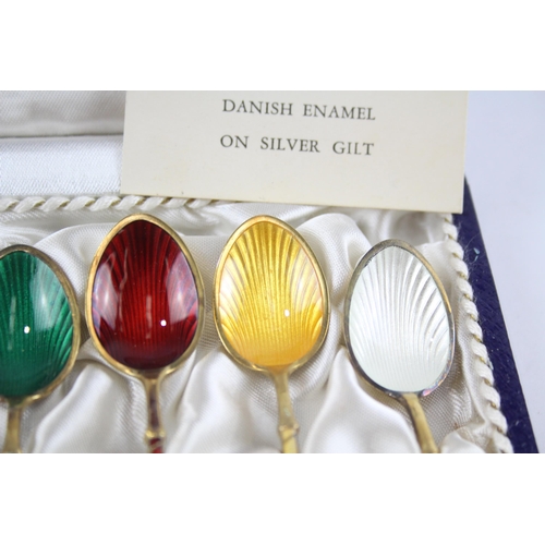 338 - 6 x Vintage .925 Denmark .925 Sterling Silver Guilloche Enamel Spoons (53g)