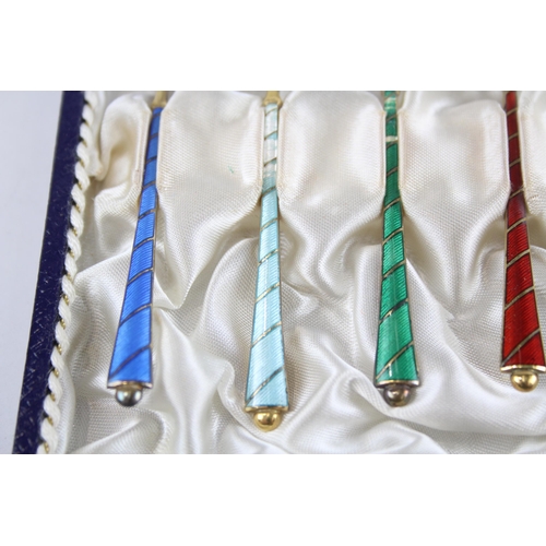 338 - 6 x Vintage .925 Denmark .925 Sterling Silver Guilloche Enamel Spoons (53g)