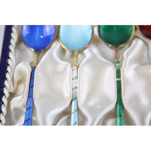 338 - 6 x Vintage .925 Denmark .925 Sterling Silver Guilloche Enamel Spoons (53g)