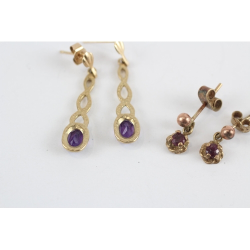 36 - 3 X 9ct Gold Amethyst And Garnet Set Earrings (3.3g)