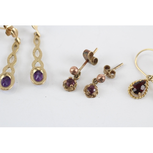 36 - 3 X 9ct Gold Amethyst And Garnet Set Earrings (3.3g)